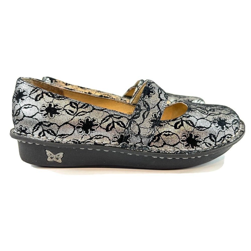 ALEGRIA FEL-327 Mary Jane Women’s Black/Silver Lace Print Size 8/8.5  EU 38